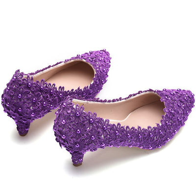 Lace Pointed Low-heeled Wedding Shoes