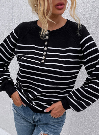 Striped Pullover Button Cardigan Sweater Top