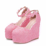 White Lace Wedges Pearl Wedding Shoes