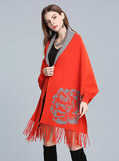 Jacquard Fringed Knitted Shawl Cloak Bat Sleeve Padded