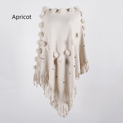 Fringe Fur Ball Beaded Round Neck Sweater Cloak