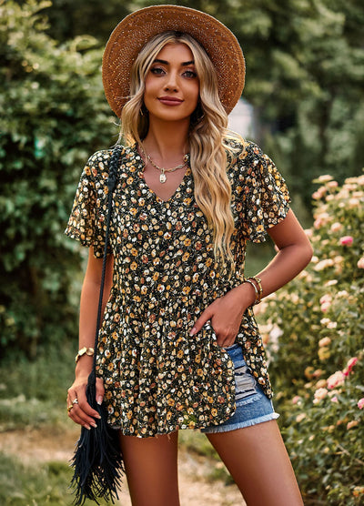 V-neck Temperament Printed Casual Shirt