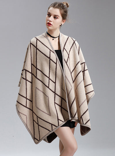 Long Knitted Cardigan Split Napped Jacquard Shawl