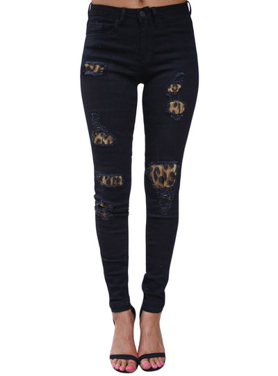 Leopard Print Hole Patch Elastic Feet Jeans