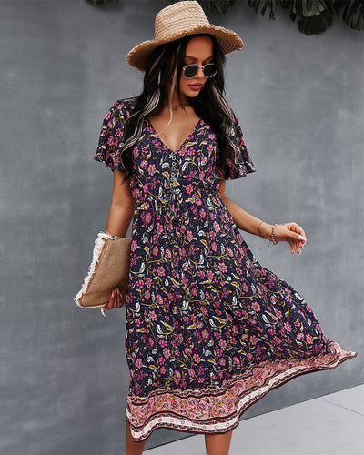 V-neck Short Sleeve Bohemian Printed Dress