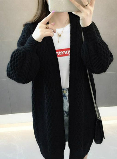 V neck Lantern Sleeve Open Stitch Loose Sweater Jacket