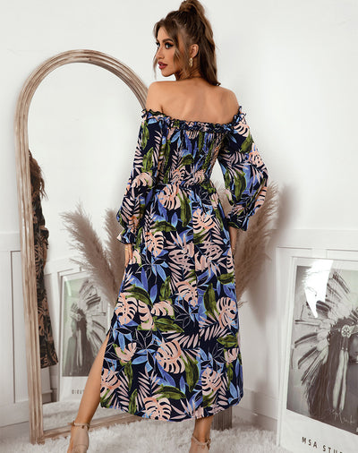 One-shoulder Long Sleeve Print Dress