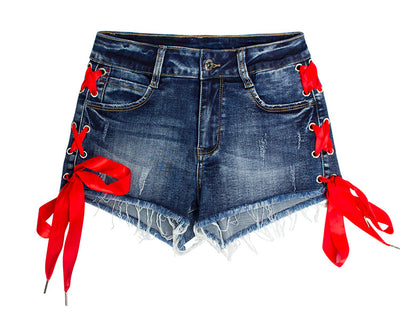Double-side Lace Up High Waist Denim Shorts
