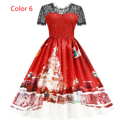 Christmas Short Sleeve Printed Lace Stitching Dress