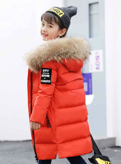 Winter Children Thicken Hooded Natural Fur Collar Coat 
