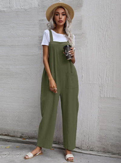 Black Cotton Lazy Loose One-piece Bib Pants