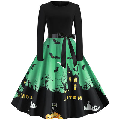 Halloween Printed Round Neck Long Sleeve Dress