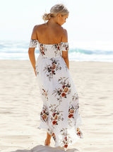 Boho Floral Print Off Shoulder Beach Chiffon Dresses 