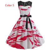 Retro Sleeveless Lace Stitching Print Dress
