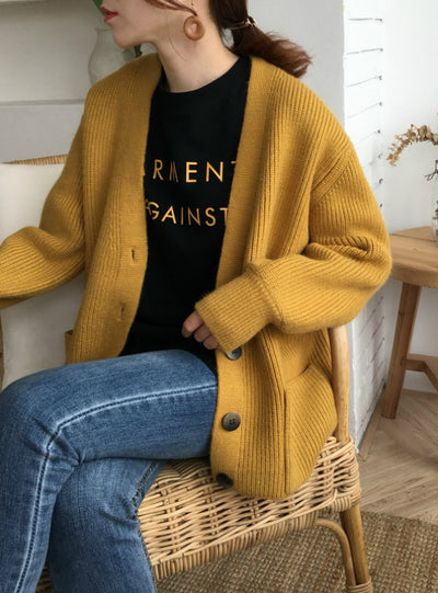 Women Cardigans Sweater V neck Solid Loose Knitwear