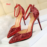 Hollow Sequined Pointed Toe High Heel Sandals