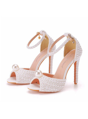 11 cm Shallow Mouth Thin-heeled Pearls Sandals