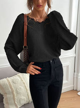 Spliced Lace Pullover V-neck Sweater