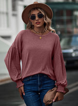 Round Neck Pleated Lantern Sleeve T-shirt