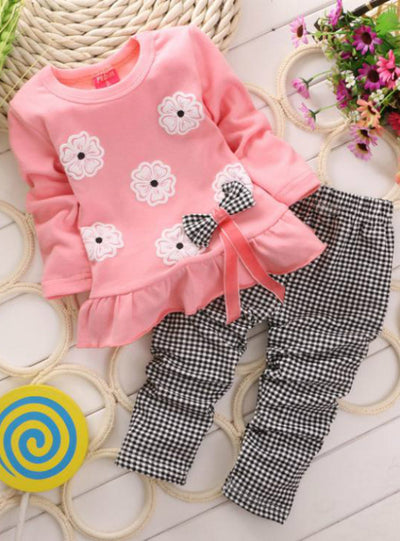 2pcs Kids Twinset Top T Shirt +Plaid Pants Leggings