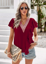 V-neck Ruffled Top Short Sleeve Shirt