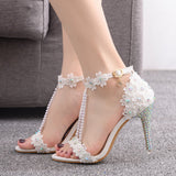 High Heel Beaded Lace Flower Rhinestone Wedding Shoes