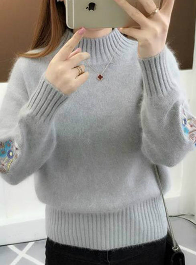 Embroidery Turtleneck Sweater Women Long Sleeve Knit 