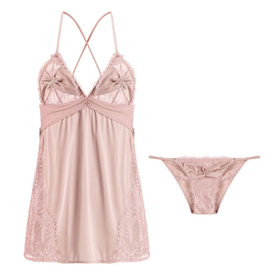 Sexy Split Ice Silk Lace Stitching Sling Dress