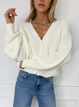 Loose Casual Solid Color V-neck Lantern Sleeves Sweaters