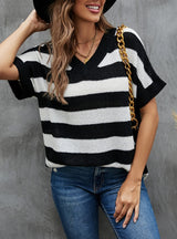 Striped Color Matching Short Sleeve V-neck Sweater