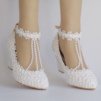 8 cm Pointed Wedge Lace Beaded Wedding Shoes