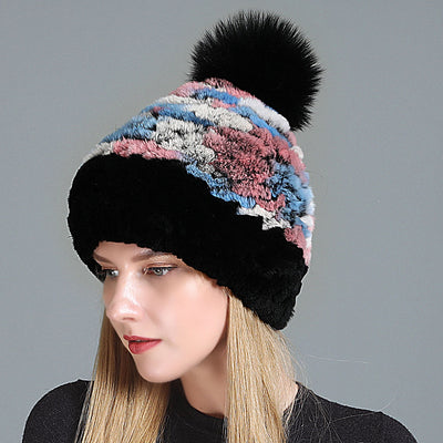 Women's Rex Fur Hat Fox Fur Ball Wool Hat