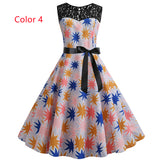 Retro Printed Sleeveless Lace Stitching Dress
