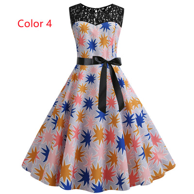 Retro Printed Sleeveless Lace Stitching Dress