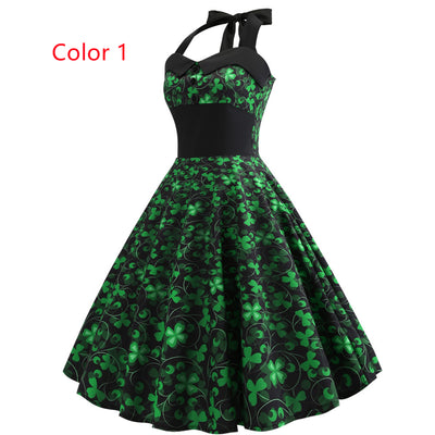 Retro Sleeveless Four-leaf Clover Print Dress