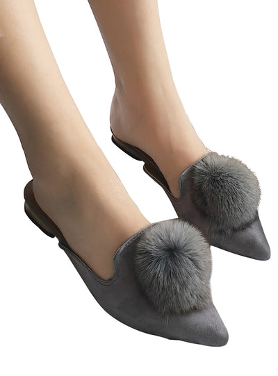 Women Flats Shoes Pompom Faux Fur Pointed Toe 