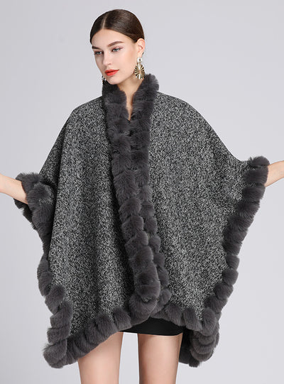 Rabbit Fur Collar Shawl Cape Loose Large Size Knitted Cardigan