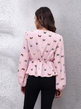 Lantern Waist V-neck Long-sleeved Chiffon Shirt