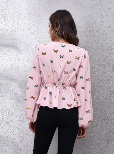 Lantern Waist V-neck Long-sleeved Chiffon Shirt