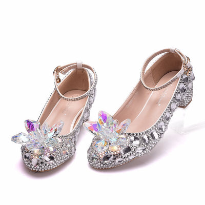 Square Round Head Crystal Flower Wedding Shoes