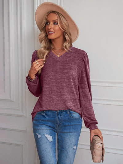 Loose Bubble Sleeve V-neck Long Sleeve T-shirt