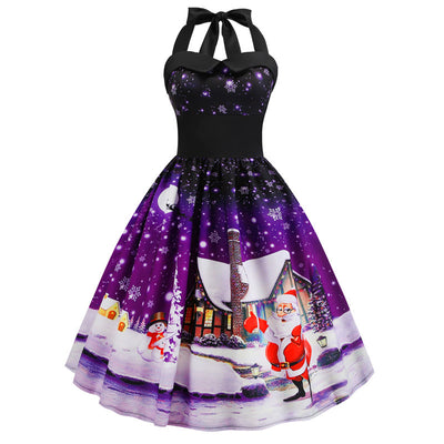 Christmas Print Halter Dress