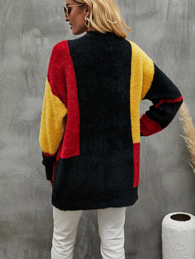 Sable-like V-neck Stitching Contrast Cardigan Sweater