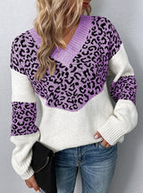 V-neck Pullover Color-bump Leopard Sweater