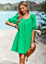 Solid Color Openwork Jacquard Square Collar Dress