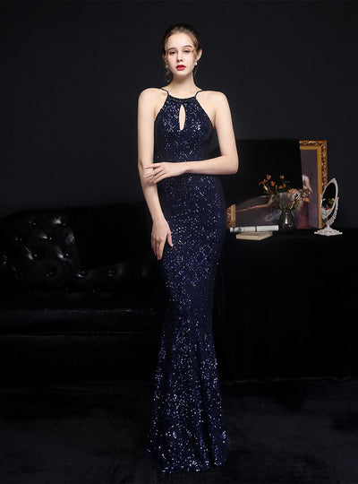 Long Halter Sequined Fishtail Evening Dress