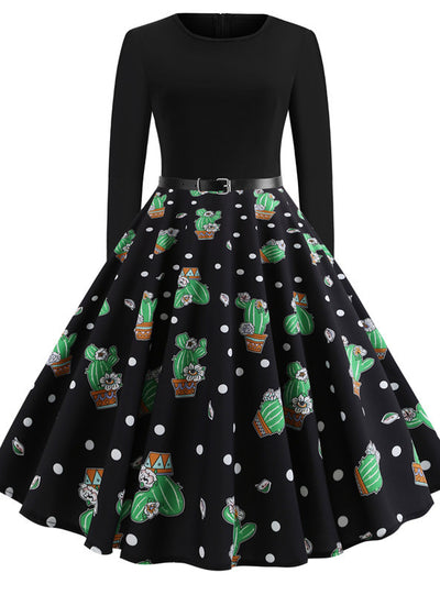 Cactus Print Long Sleeve Round Neck Dress