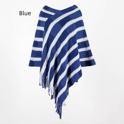 Women Fringe Sweater Cloak Plaid