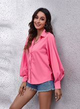 Lantern Solid Color Lapel Long Sleeve Shirt