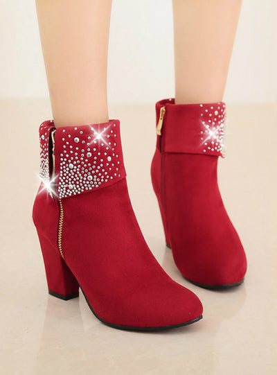 Women Boots Fashion Thick High Heels Boots Crystal